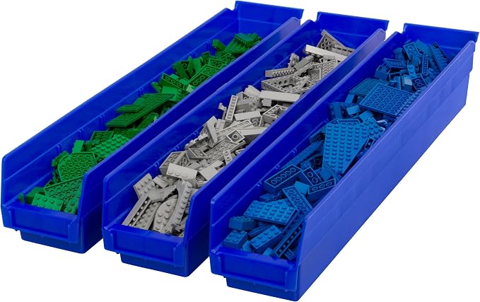 Akro-Mils 30124 Heavy Duty Plastic Shelf Bins, 24"x 4"x 4", Blue, 12-Pack | Heavy Duty Nesting Storage Bins for Garage, Closet, Refrigerator, Kitchen, Cabinet, Drawer Organization, Pantry Organization