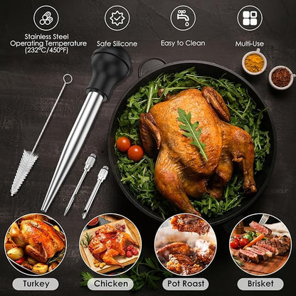 2 Pack Stainless Steel Turkey Baster Syringe for Cooking, Large Meat Injector with 4 Needles & 2 Brushes, Silicone Bulb Baster for BBQ Thanksgiving Kitchen, Dishwasher Safe