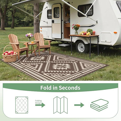 GENIMO Outdoor Rug, Waterproof Plastic Rugs for Patio, 9'x12' Light Beige | Outside Larger Modern Carpet Mat for Porch Decor, Deck, Balcony, Camping, RV, Backyard, Picnic, Beach, Reversible, Foldable