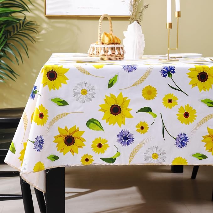 Heavy Duty Vinyl Tablecloth with Flannel Backing Waterproof Oil-Proof Plastic Table Cloth Stain-Resistant Wipeable Rectangle or Square Table Cover for Indoor and Outdoor (Yellow Flower, 60x102 Inch)