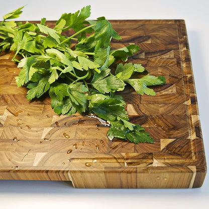 Teak Wood Cutting Board, 15.7 x 10.2 Inch (ExtraThick 1.7") Hardwood Butcher Block for Meat, Cheese, Charcuterie Board. End Grain Non Toxic Wood Chopping Board with Handle (Oil & Plate Included)