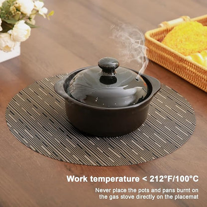 Round Placemats Set of 8 Heat Resistant Vinyl Placemats 15 inch Washable Non-Slip Table Mats Woven Place Mats for Dining Table (Black + Golden, Set of 8)