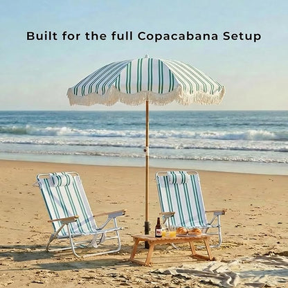6FT Striped Fringe Beach Umbrella, Sand Anchor, UPF 50+ Sun Shade | Adjustable Tilt & Portable Design, Coastal Umbrella for Beach & Patio, Heritage Ocean Cypress Stripe
