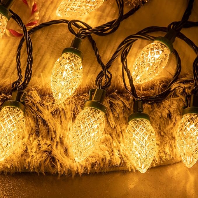 AWQ 50LED 49FT C9 Christmas String Lights Plug in Fairy Twinkle Warm White | Christmas Lights Outdoor 8 Modes Timer Function Waterproof Extendable for Indoor Outdoor Wedding Party Christmas Decoration