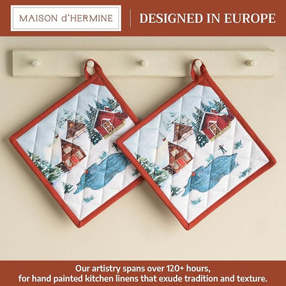 Maison d' Hermine Pot Holders 100% Cotton Potholders (8" x 8", Pack of 2) | Heat Resistant Hot Pads with Loop BBQ Cooking Baking Hotel Kitchen Handling Hot Pans Thanksgiving Christmas - Megeve