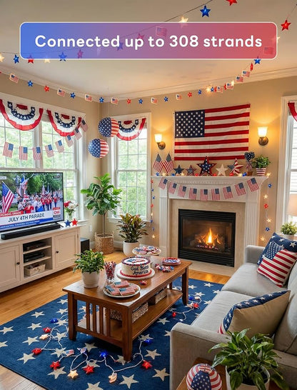35 LED Red White Blue String Lights, 13.6FT 4th of July Decoration Lights with Patriotic Star & American flag Lights, Connectable Independence Day Lights for Window Home Patio Party Garden Decor