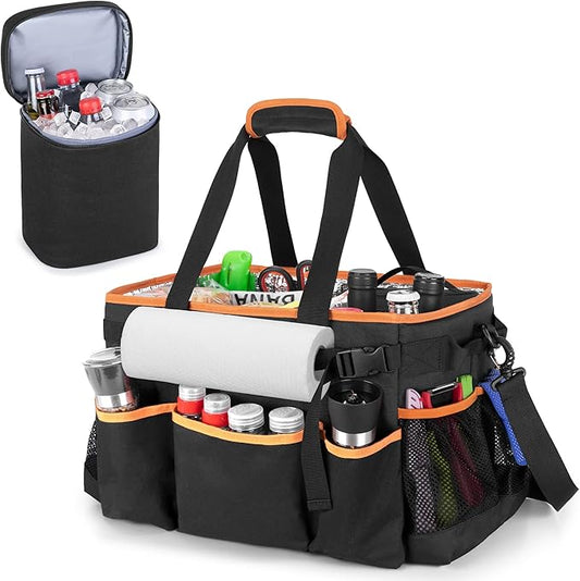 HODRANT Large Grill Utensil Caddy with Detachable Cooler, Collapsible Picnic Organizer with Paper Towel Holder for Griddle Accessories, Tailgating Accessory Basket for Outdoor Cooking Supplies, Black