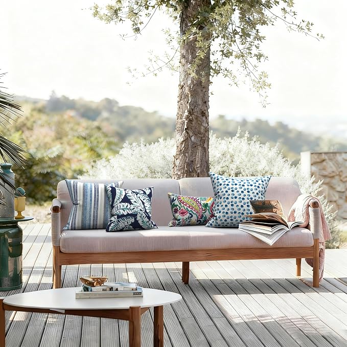LVTXIII 2 Pack Outdoor Pillow Covers ONLY 18x18 Inch, Water-Repellent Square Decorative Cushion Covers for Patio Furniture, Garden, Sofa, Stripe Layered Blue