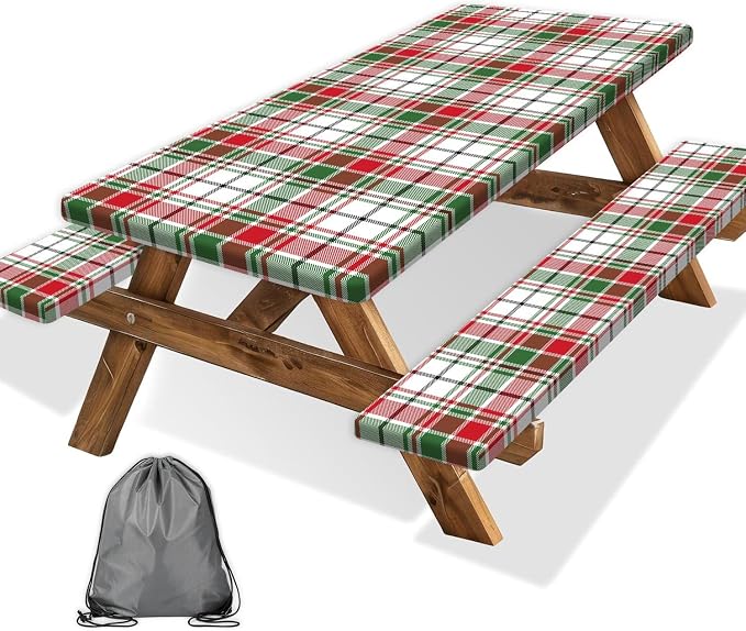 Red Green White Plaid Picnic Table Cover with Bench Covers and Bag, Camping Essentials, Water Resistant Windproof, Fitted Tablecloth Cover with Elastic Edge, for Indoor & Outdoor 3 PCS, 30x72 Inch