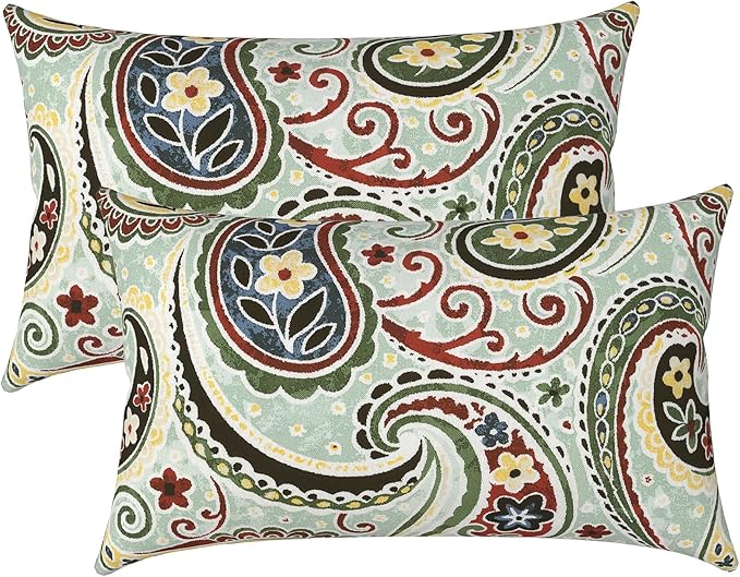 LVTXIII Outdoor Lumbar Pillow Covers Only Set of 2 Patio Decorative Pillow Cases, Water Repellent Lumbar Cushion Cases for Sofa, Patio Couch Garden Use, 12x20 Inch, Paisley Lightcyan