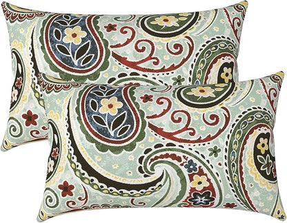 LVTXIII Outdoor Lumbar Pillow Covers Only Set of 2 Patio Decorative Pillow Cases, Water Repellent Lumbar Cushion Cases for Sofa, Patio Couch Garden Use, 12x20 Inch, Paisley Lightcyan