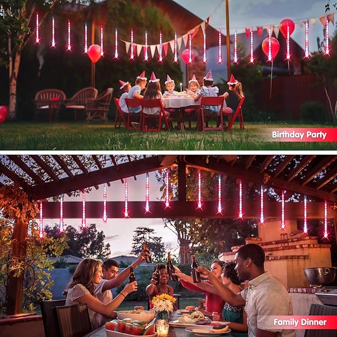 JMEXSUSS Red and White Solar Meteor Shower Rain Lights, 8 Tube 144 LED Solar Christmas Lights for Party Holiday Yard Patio Decorations