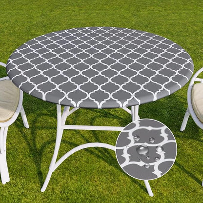 Romanstile Round Fitted Vinyl Tablecloth with Elastic Edge 100% Waterproof | Table Covers for 36"- 44" Tables, Wipeable Flannel Backed Plastic Table Cloths for Dinner Picnic Camping, GreyMoroccan