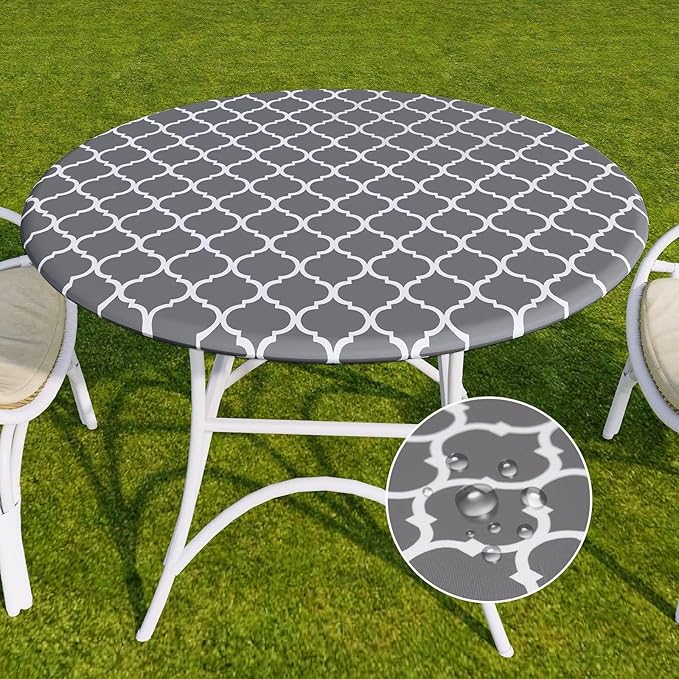 Romanstile Round Fitted Vinyl Tablecloth with Elastic Edge 100% Waterproof | Table Covers for 57"- 68" Tables, Wipeable Flannel Backed Plastic Table Cloths for Dinner Picnic Camping, GreyMoroccan