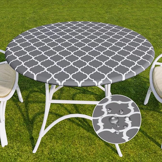 Romanstile Round Fitted Vinyl Tablecloth with Elastic Edge 100% Waterproof | Table Covers for 57"- 68" Tables, Wipeable Flannel Backed Plastic Table Cloths for Dinner Picnic Camping, GreyMoroccan