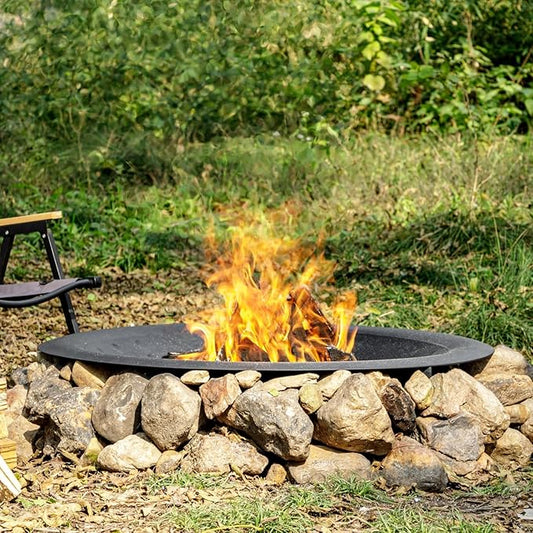 OutVue 35 inch Steel Fire Bowl for DIY or Replacement Existing Fire Pits, Wood Burning Fire Pit Bowl with Spark Screen &Fire Poker, Fireplace for Backyard, Porch, Deck, Camping, BBQ (Circle Dot)