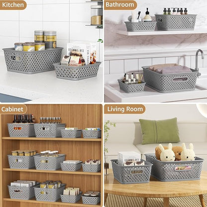 MaxGear 3 Pack Plastic Storage Baskets, Large, Grey | Durable Woven Plastic with Built-In Handles, Suitable for Shelves, Closets, Cabinets, Bathrooms and Offices