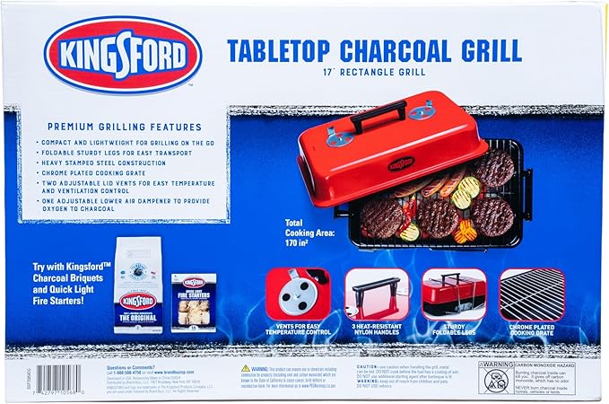 Kingsford Tabletop Charcoal Grill, Portable, Compact Grilling and BBQ, 17" Rectangular, 170 Sq In Cooking Surface