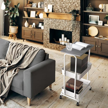 Simple Houseware 2-Tier Rolling Utility Cart Wood Top/Lockable Wheel, Gray | Metal Storage Organizer Trolley for Kitchen, Bathroom, Office, Craft Room