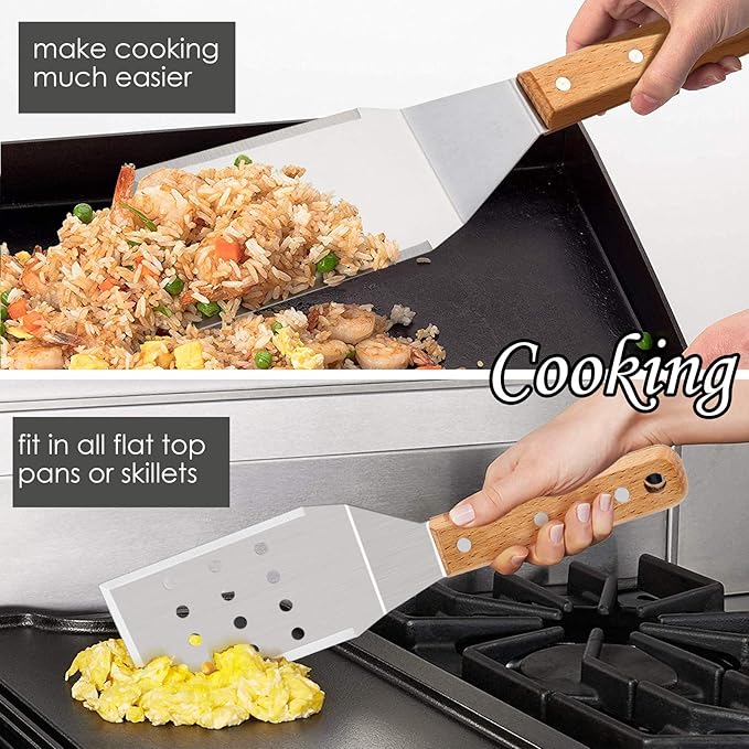 HaSteeL Metal Spatulas, 2 Pcs Stainless Steel Griddle Spatula Burger Turner, Heavy Duty Griddle Tools Set for Teppanyaki BBQ Flat Top Hibachi Cast Iron Grilling Cooking, Easy to Clean & 2 Hooks