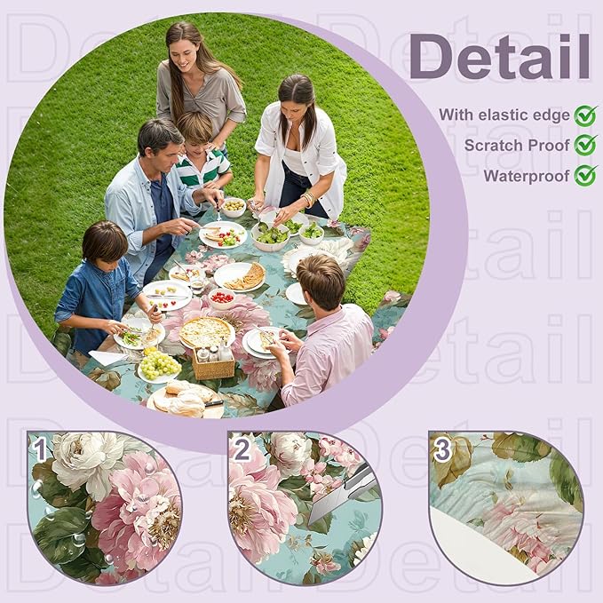 Floral Picnic Tablecloth with Table Cover, Waterproof Elastic Tablecloth for Outdoor Picnic Table, Retro Peony Design, Fits 72in Tables