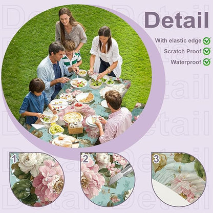 Floral Picnic Tablecloth with Table Cover, Waterproof Elastic Tablecloth for Outdoor Picnic Table, Retro Peony Design, Fits 72in Tables