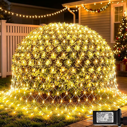300 LED Net Lights, 14.8ft x 5ft 8 Modes Christmas Outdoor Mesh Lights Connectable, Waterproof Decorative String Lights Plug in for Bushes Xmas Tree Garden Wedding Party (Clear Wire, Warm White)