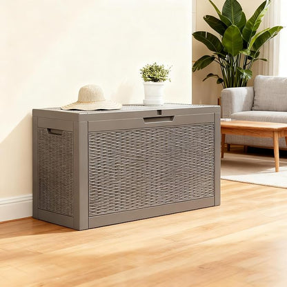 72 Gallon Outdoor Storage Box, Resin Deck Boxes Outdoor Waterproof For Patio Furniture, Garden Tools, Pool Supplies, Lockable And UV Resistant (Rattan Gray)