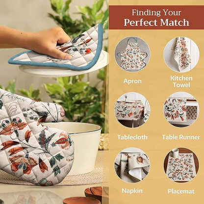 Maison d' Hermine 100% Cotton Oven Mitt & Pot Holder Set (7.5"x13" & 8"x8") Heat Resistant BBQ Cooking Gloves with Loop for Thanksgiving Christmas Decorations Handling Hot Pans (Dalida)
