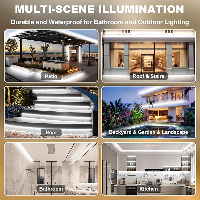 Gliztech IP67 Waterproof COB LED Strip Lights AC 110V-120V Direct Plug, 100FT Super Bright Outdoor Strip Lights with Double Fuse Controller, 6500K White LED Strips for Garden Patio Commercial Decor