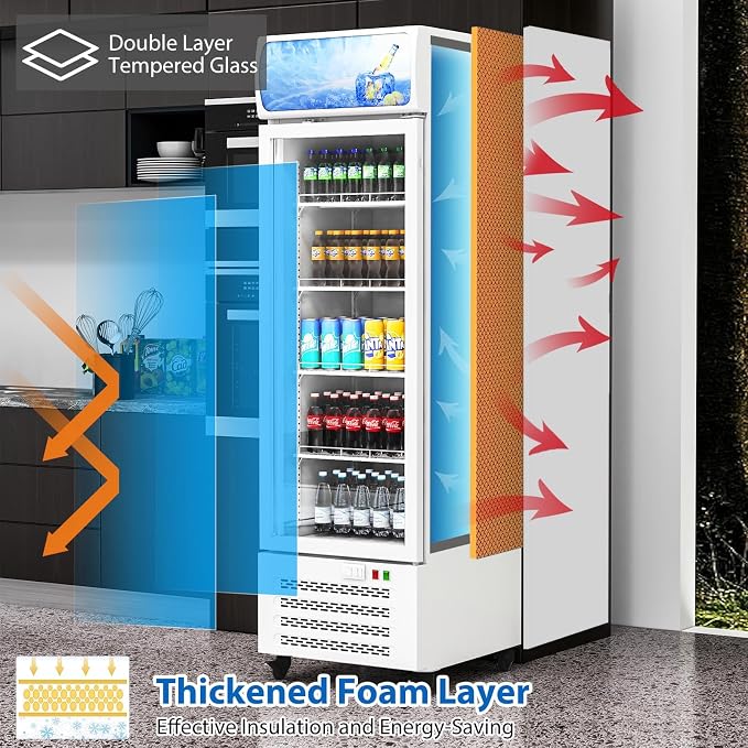 11.3 Cu.Ft Commercial Display Refrigerator, Glass Door Beverage Cooler with Adjustable Shelves, LED Lighting & Advertising Panel, Mobile Design, White