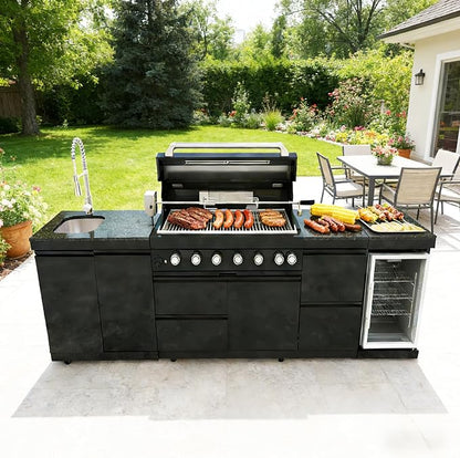 104" Modular Outdoor Kitchen Island With Grill And Side Burner, 4-burner 72,000 Btu Propane Bbq Island, Refrigerator, Separate Sink & Prep Station, For LP-Black 85000BTU/115 Inch