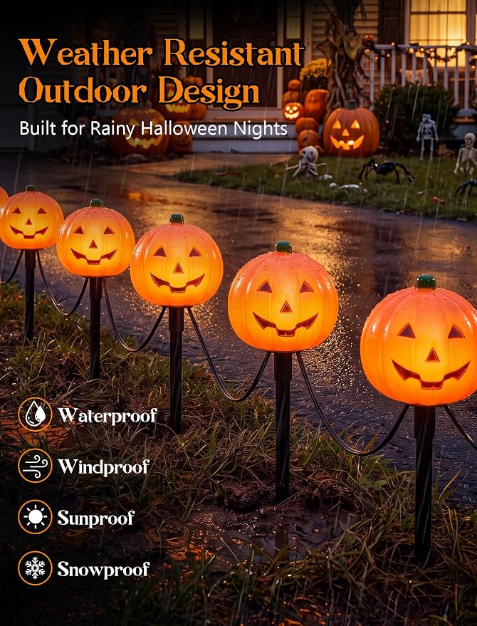 Halloween Pumpkin Pathway Markers Lights Outdoor, 7Ft Connectable C7 Halloween Decorations Pathway String Lights with 4 Pumpkin Stakes Lights for Outdoor Garden Walkway Yard Driveway Lawn Party Decor