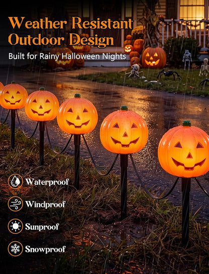 Halloween Pumpkin Pathway Markers Lights Outdoor, 7Ft Connectable C7 Halloween Decorations Pathway String Lights with 4 Pumpkin Stakes Lights for Outdoor Garden Walkway Yard Driveway Lawn Party Decor