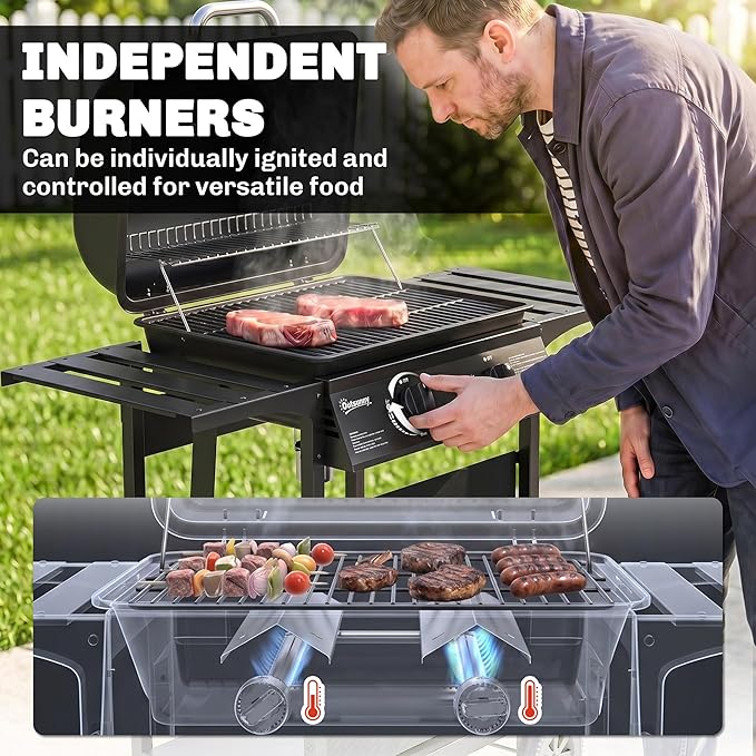 Outsunny 2 Burner Propane Gas Grill, 18000 BTU BBQ Grill with Wheels, Warming Rack, Side Tables, Shelf, Thermometer, Grease Cup, Outdoor Barbeque for Outdoor Backyard Patio, Black