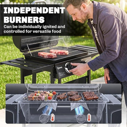 Outsunny 2 Burner Propane Gas Grill, 18000 BTU BBQ Grill with Wheels, Warming Rack, Side Tables, Shelf, Thermometer, Grease Cup, Outdoor Barbeque for Outdoor Backyard Patio, Black