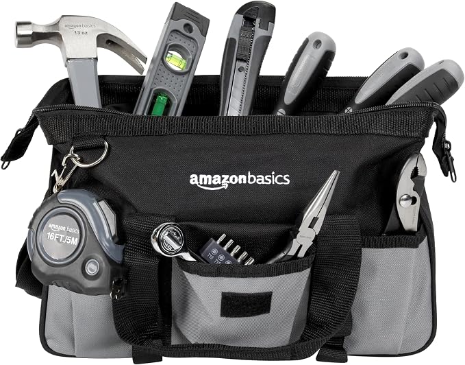 Amazon Basics 65 Piece Home Repair Tool Kit Set With Carrying Bag, Hand Tools, Socket Set, SAE and Metric, Silver, Black