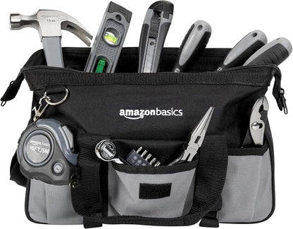 Amazon Basics 65 Piece Home Repair Tool Kit Set With Carrying Bag, Hand Tools, Socket Set, SAE and Metric, Silver, Black