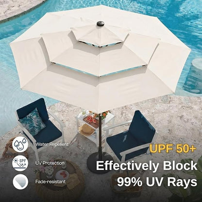 10ft 3 Tier Patio Umbrella, Outdoor Market Table Umbrella with UPF 50+ Vented Canopy, 8 Sturdy Ribs, Easy Push Button Tilt and Crank, Windproof for Deck, Pool, Backyard and Garden