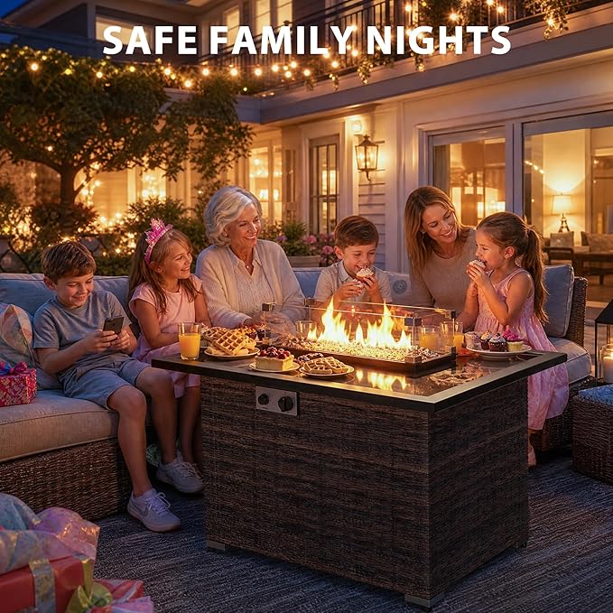 44" Propane Fire Pit Table, 50,000 BTU Outdoor Wicker Gas Fire Table with Glass Wind Guard, Tempered Glass Top, Auto Ignition, Lid & Protective Cover, ETL Certified Patio Firepit Table, Brown