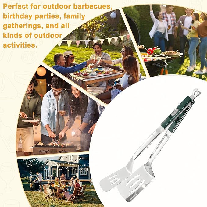 M METERXITY Spatula Tongs, 13.4 Inch 304 Stainless Steel Anti-Scald Extended Multifunctional Flipper Grill Clamp for Cooking/Barbecue, Kitchen Cooking Tongs [Green Handle, Silver Tone]