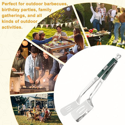 M METERXITY Spatula Tongs, 13.4 Inch 304 Stainless Steel Anti-Scald Extended Multifunctional Flipper Grill Clamp for Cooking/Barbecue, Kitchen Cooking Tongs [Green Handle, Silver Tone]