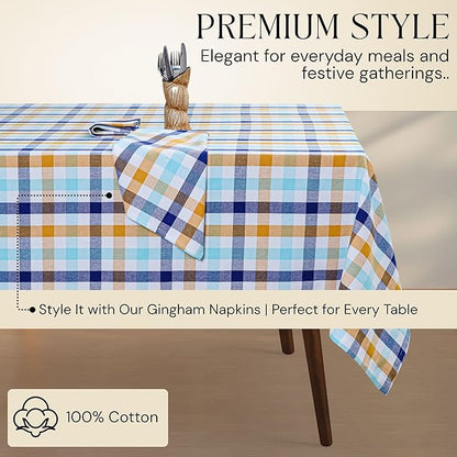 Gingham Check Tablecloth, 52x70 Inches, 100% Cotton, Washable, Table Cover for Summer Parties, Holidays and Everyday Dining, Indigo Blue - Mustard Yellow - Aqua Blue and White Plaid