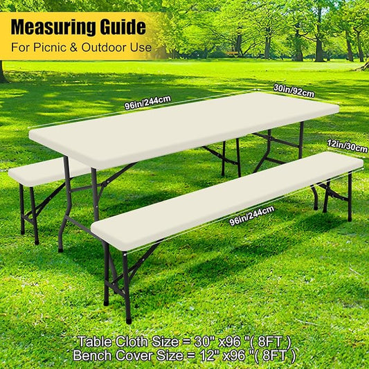 Smiry Picnic Table Cover with Bench Covers, Waterproof Elastic Fitted Polyester Tablecloths for 8 Ft Rectangle Tables, Washable Windproof Tablecloth for Camping, RV & Outdoor (Beige, 30x96 Inches)