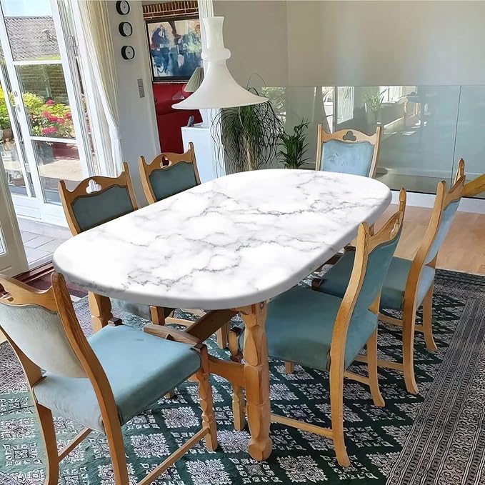 White Marble Polyester Oval Tablecloths, Ruitic Black and Grey Marble Pattern Elastic Fitted Table Cover, Table Cloth for Kitchen Dining, Party, Holiday, Christmas, Buffet, Fits up to 52x70 In Tables