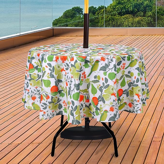 SUQ I OME Outdoor Patio Tablecloth, Bird Plants, 60'' Round with Zipper | Umbrella Hole, Zipper, Garden Tablecloth, For Backyard Parties, BBQs, Family Gatherings