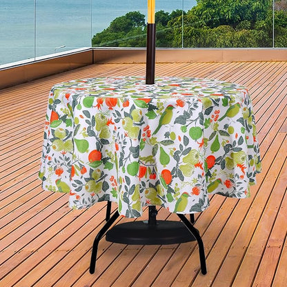 SUQ I OME Outdoor Patio Tablecloth, Bird Plants, 60'' Round with Zipper | Umbrella Hole, Zipper, Garden Tablecloth, For Backyard Parties, BBQs, Family Gatherings