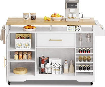 YITAHOME Large Kitchen Island with Power Outlet, Rolling Kitche Cart with Wine Rack, Mobile Storage Islands with Spice Rack Glass Holder, Island Table on Wheels for Living Room, 50 Inch Wide, White