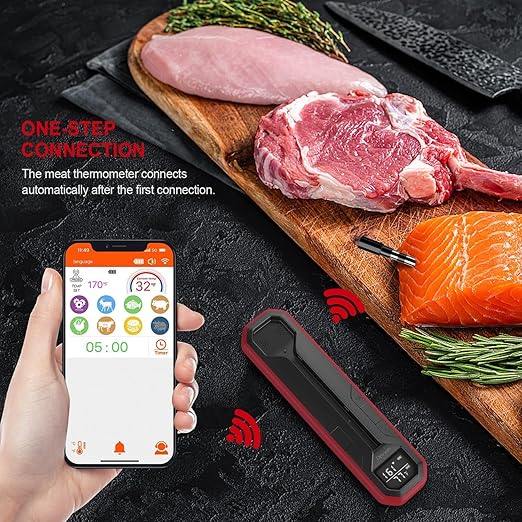 Wireless Meat Thermometer – Digital Cooking Thermometer with Wireless Probe – 500Ft Remote Range Food Thermometer – with iOS & Android Read App -Preprogrammed Temperatures for BBQ, Grill, Oven