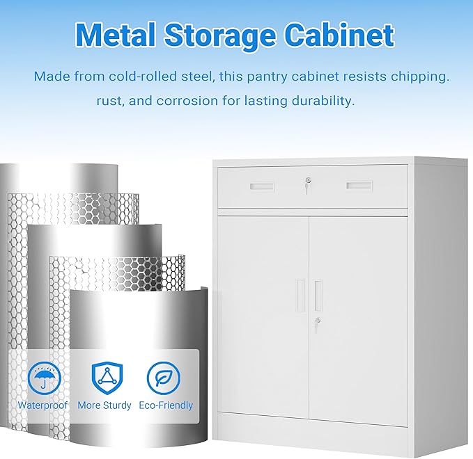 CJF Pantry Cabinet with 1 Drawer, Metal Pantry Storage Cabinets with Doors and 2 Adjustable Shelves, 36" H Locking Cabinet for Kitchen Storage, Home, Garage, Utility Room and Basement, White